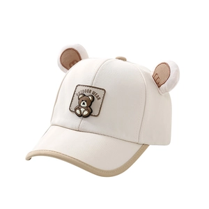 Kids cream baseball hat with cute bear ears and outdoor wear patch for toddlers