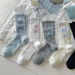Ballet style rib knit mid-calf socks with bows in grey blue white and black colors