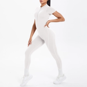 Detail of white yoga jumpsuit with high collar and front zipper for athletic fitness