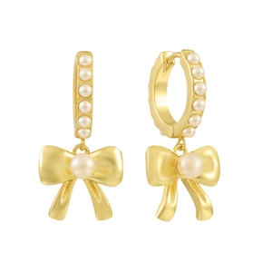 Elegant gold bow earrings with pearl accents and hoops shown on white background