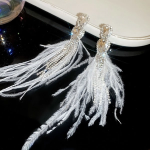 Macro shot of sparkling teardrop earrings featuring white feather fringe and crystal tassels