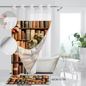 Vintage double layer waffle shower curtain with floral bookcase pattern and bath mat