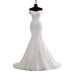 Elegant off-shoulder mermaid wedding dress in white with lace embroidery and tulle tail
