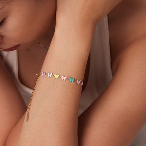 18k gold plated stainless steel bracelet with colorful enamel butterfly pendants for women