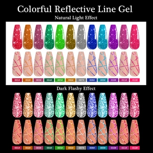 12 colors reflective nail line gel set with natural and flashy dark light effect comparison