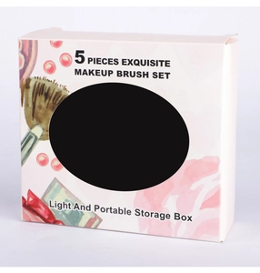 Pink portable makeup brush storage box with 5-piece set illustration and oval window