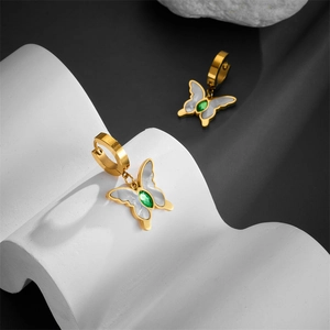 Elegant gold butterfly earrings with white mother-of-pearl and green zircon stone