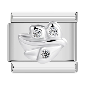 Silver Italian charm link with mask pattern and three sparkling clear crystals