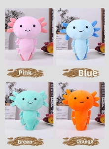 Cute plush axolotl toys displayed in pink, sky blue, mint green, and bright orange colors