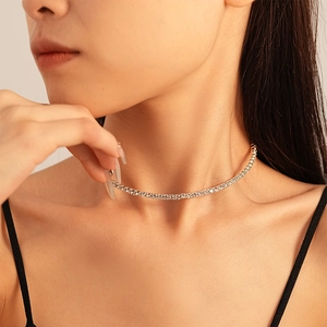 Luxurious multi-row rhinestone geometric choker necklace in silver finish for women
