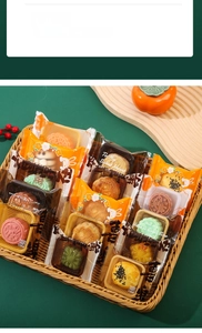 Detail of mooncake packaging featuring cartoon rabbit motifs and plastic inner trays