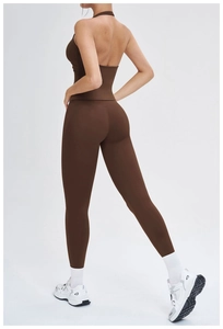 Detailed back view of dark brown halter yoga set showing strapless back and high waist leggings