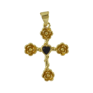 Gold-plated cross pendant with 3D roses and a heart-shaped black gemstone on white background