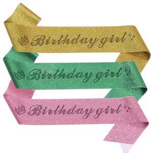 Three-piece birthday girl glitter sashes set in gold, green, and pink colors