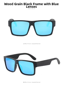 Close-up of wood-grain texture frames and blue polarized lenses on stylish sunglasses