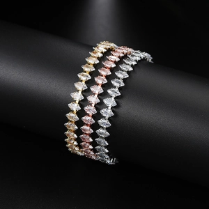 Detail view of marquise-cut zircon tennis bracelets in gold, rose gold and silver finishes