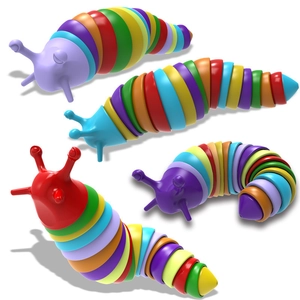 Set of four colorful 3D articulated slug toys for stress relief in rainbow colors
