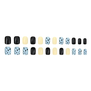 24-piece press-on nails featuring minimalist black, yellow, and cow print patterns