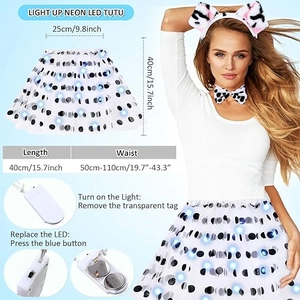 Details zum LED-Tutu-Set mit gepunktetem Rock und Anleitung zum Batteriewechsel