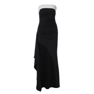 Detail of contrast off-shoulder dress with waist pleats and irregular hem design