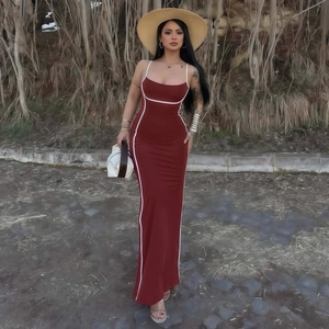 Slim fit burgundy sundress with white piping and spaghetti straps for women