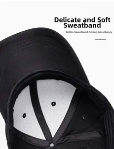 Detail shot of black baseball cap inner cotton sweatband and premium stitching