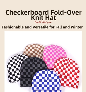 Detailed view of checkered knit beanies in multiple colors with soft rolled edges