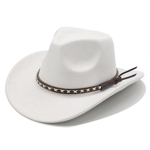 Detail of white suede cowboy hat featuring a braided brown leather decorative band