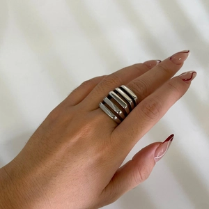 Minimalist silver stainless steel wide ring with five-layer hollow geometric design on hand