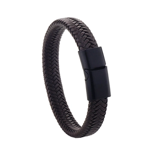 Dark brown woven leather bracelet for men with a sleek black magnetic metal clasp