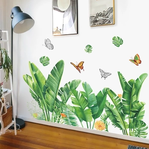 Tropical monstera leaves and butterfly wall stickers for living room decor