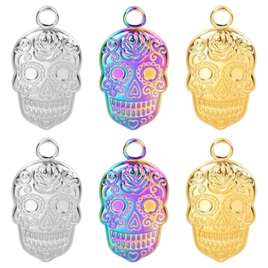 Mexican Sugar Skull Pendant Necklace Stainless Steel Rose Floral Carved Gothic Punk Jewelry For Women Men