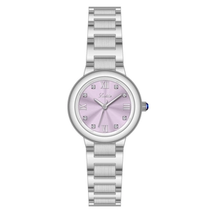 Montre élégante pour femme en acier argenté avec cadran violet et index en cristal scintillant