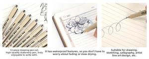 Macro detail of 12-piece waterproof fineliner pen set with multiple nib sizes for sketching