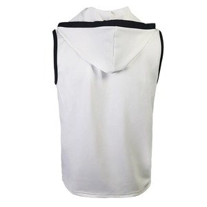 Detail of white hooded gym tank top featuring black piping and breathable mesh fabric