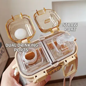 Cartoon bear double-drink water bottle with straw and adjustable strap for kids