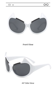 Detailed front and side views of white little devil horn frame fashion sunglasses