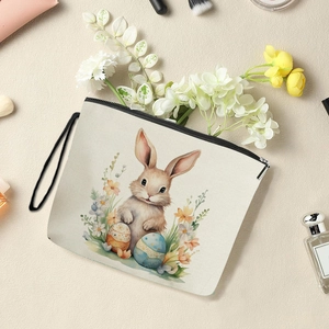 Easter bunny canvas makeup bag with 3D floral egg print and portable wrist strap