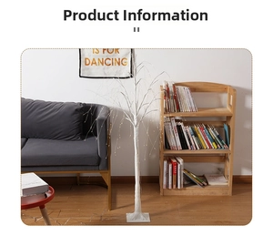Detail view of the warm LED birch tree light with white square base and clear power cable