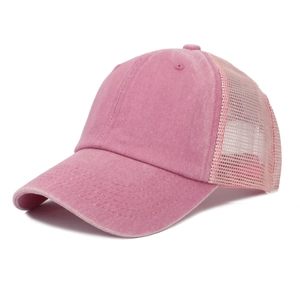 Detail of dark pink washed cotton front and breathable mesh back on the baseball cap