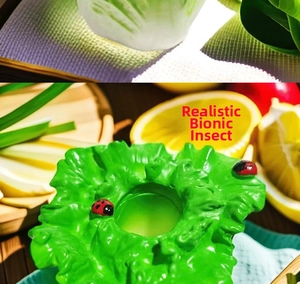 Macro detail of a bionic lettuce design base with realistic ladybug accents for fruit forks