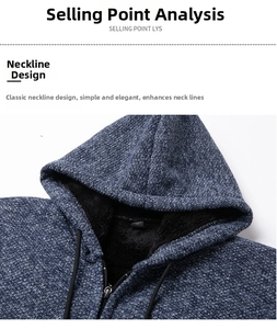Dettaglio felpa con cappuccio grigio-blu con fodera in pile nero e zip in metallo