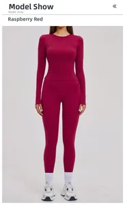 Raspberry red yoga set with long sleeve crop top and high waist leggings for fitness