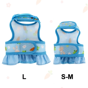 Detail view of light blue pet harness skirts in sizes S-M and L with cute rabbit prints