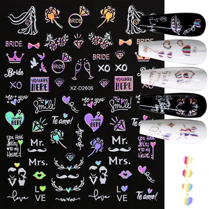 Holographic Valentine's Day nail decals featuring red hearts and rose laser patterns