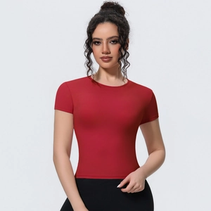 Slim fit red short sleeve yoga top with breathable quick-dry fabric and a round neck