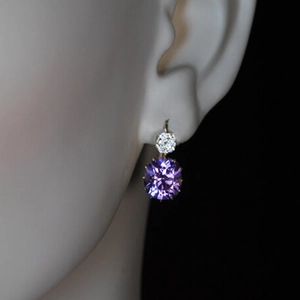 Minimalist purple zircon geometric drop earrings for women with a round faceted purple stone
