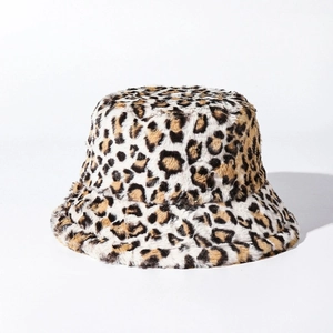 Winter faux fur leopard print bucket hat featuring soft plush fabric and adjustable fit