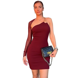 Slim fit burgundy one shoulder dress with sheer mesh sleeve and metallic ring detail