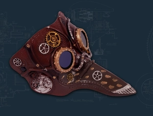 Close-up of steampunk plague doctor mask with metallic gears and bronze leather details